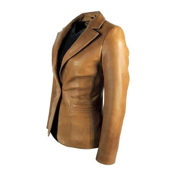 Womens Tapered Tan Leather Blazer - Awesome Lambskin