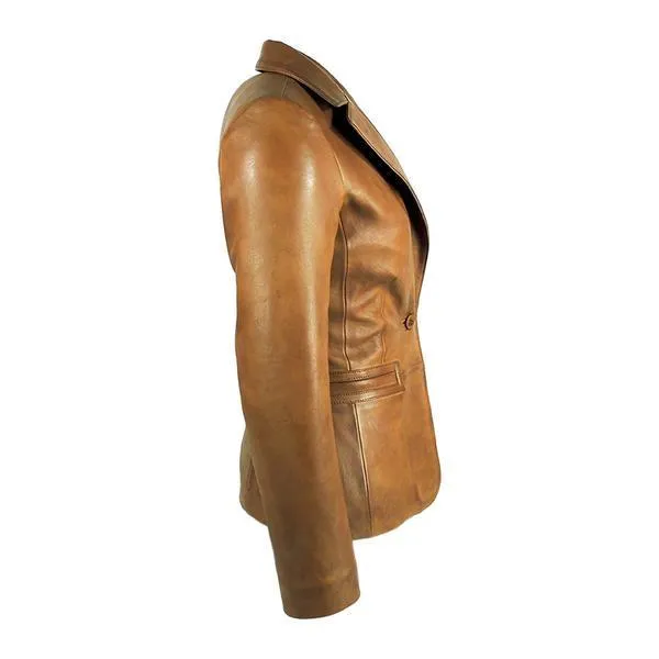 Womens Tapered Tan Leather Blazer - Awesome Lambskin