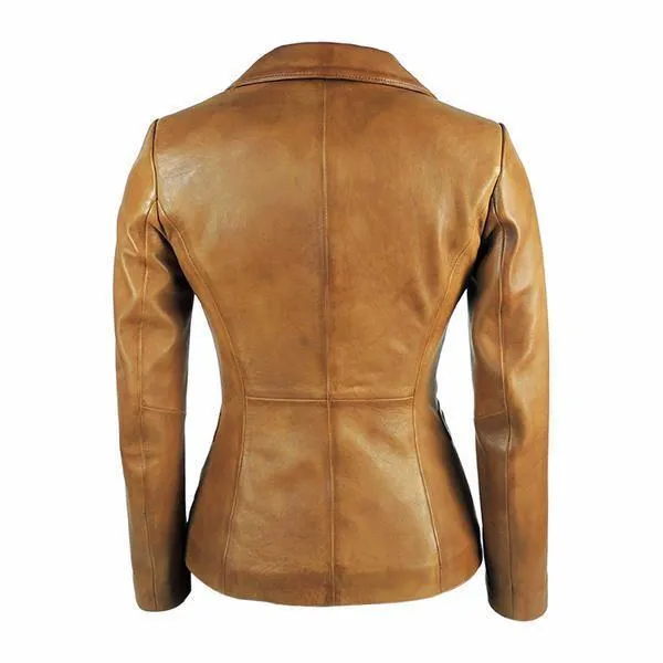 Womens Tapered Tan Leather Blazer - Awesome Lambskin