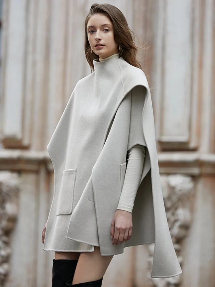 Wool Round Neck Sleeveless Patchwork Irregular Cloak Coat