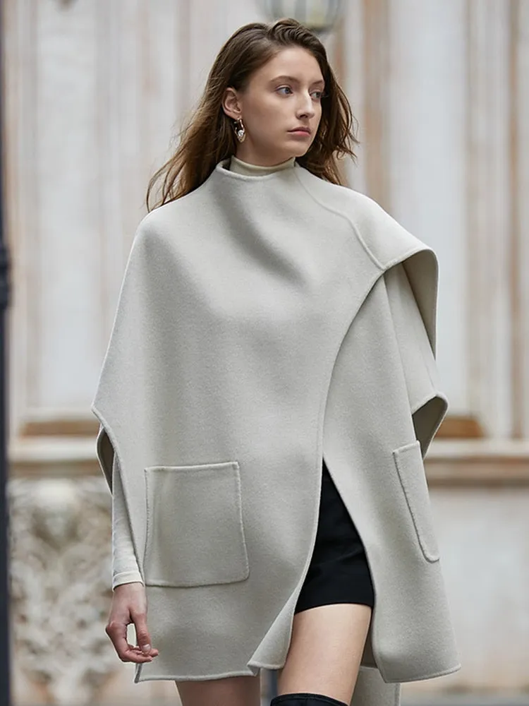 Wool Round Neck Sleeveless Patchwork Irregular Cloak Coat