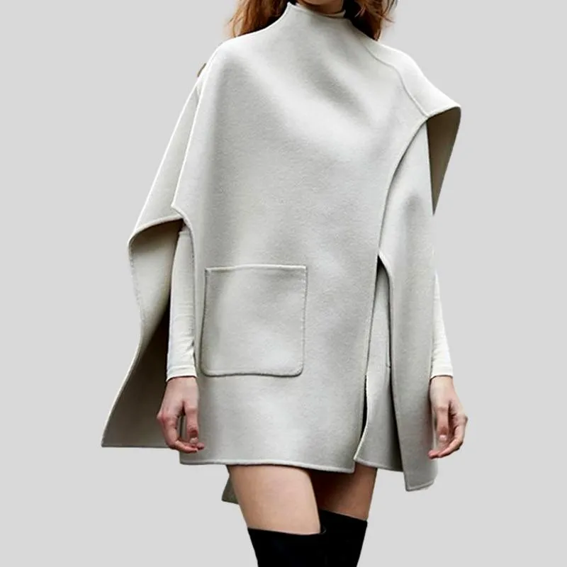 Wool Round Neck Sleeveless Patchwork Irregular Cloak Coat