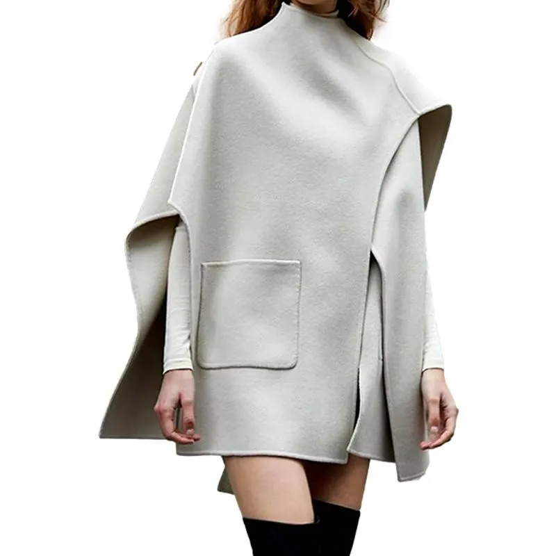 Wool Round Neck Sleeveless Patchwork Irregular Cloak Coat