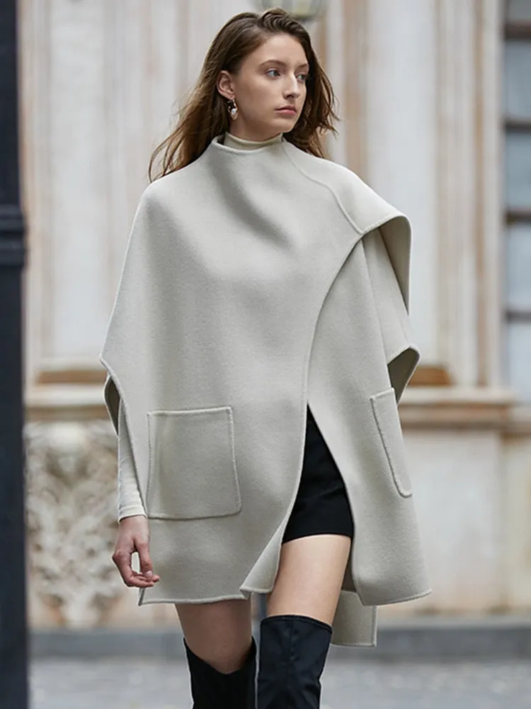 Wool Round Neck Sleeveless Patchwork Irregular Cloak Coat